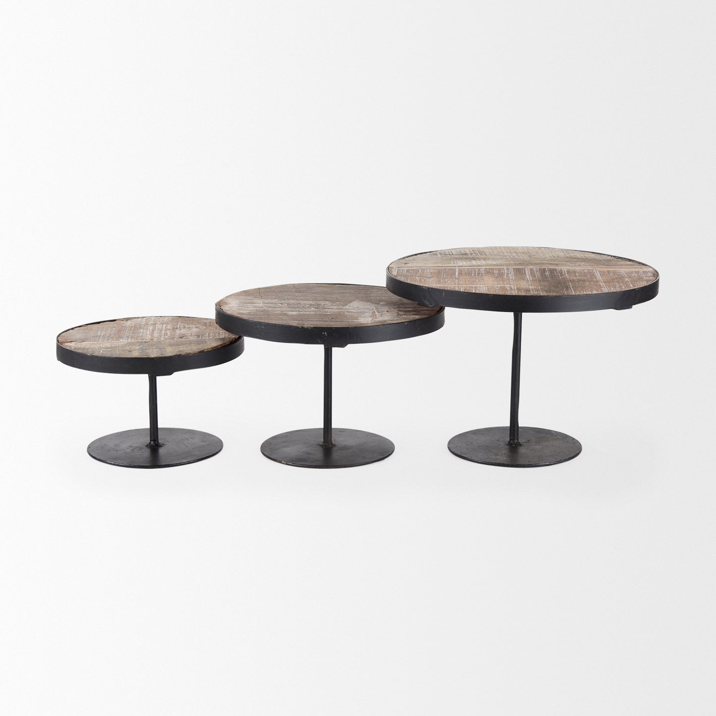 Lorenz (Set of 3) Light Brown Wood W/ Black Metal Base Round Decorative Display Stands