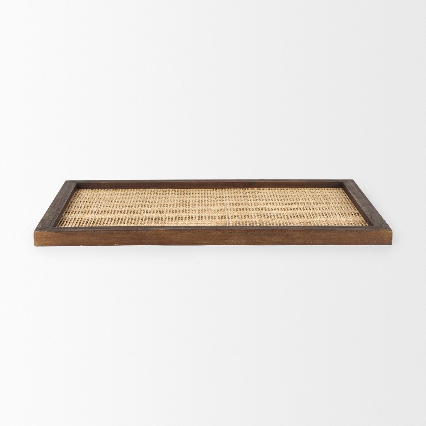 Silas Cane and Medium Brown Wood Rectangular Tray