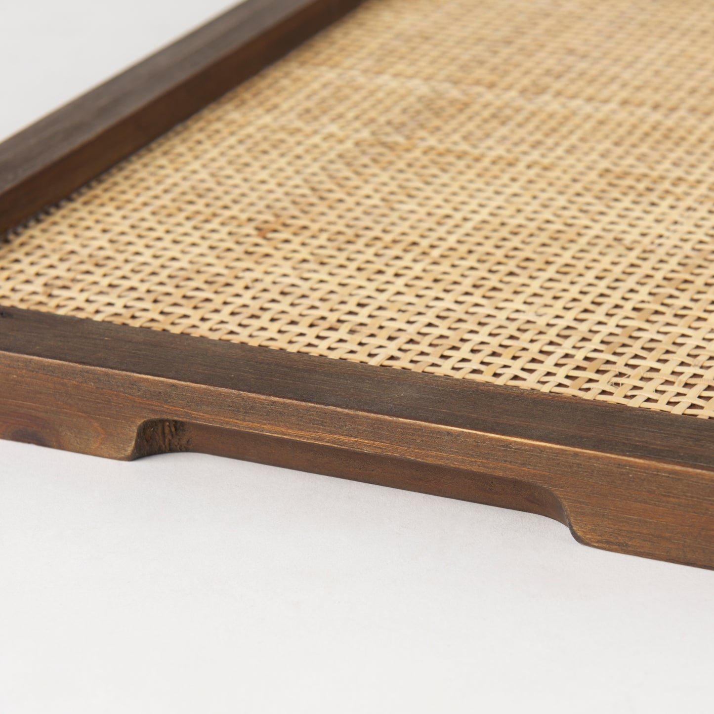 Silas Cane and Medium Brown Wood Rectangular Tray