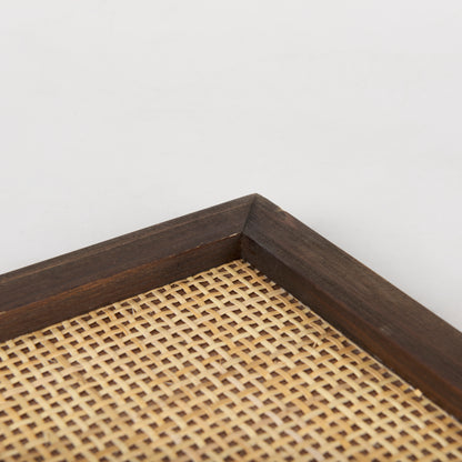 Silas Cane and Medium Brown Wood Rectangular Tray