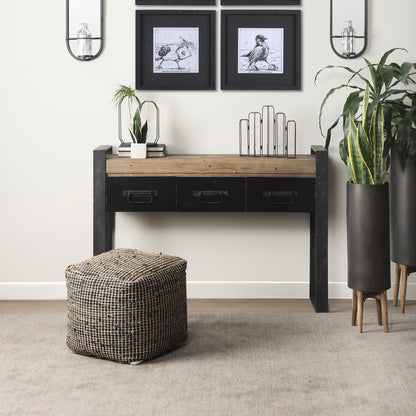 Aalia 16.0L x 16.0W x 16.0H Charcoal Leather and Jute Pouf