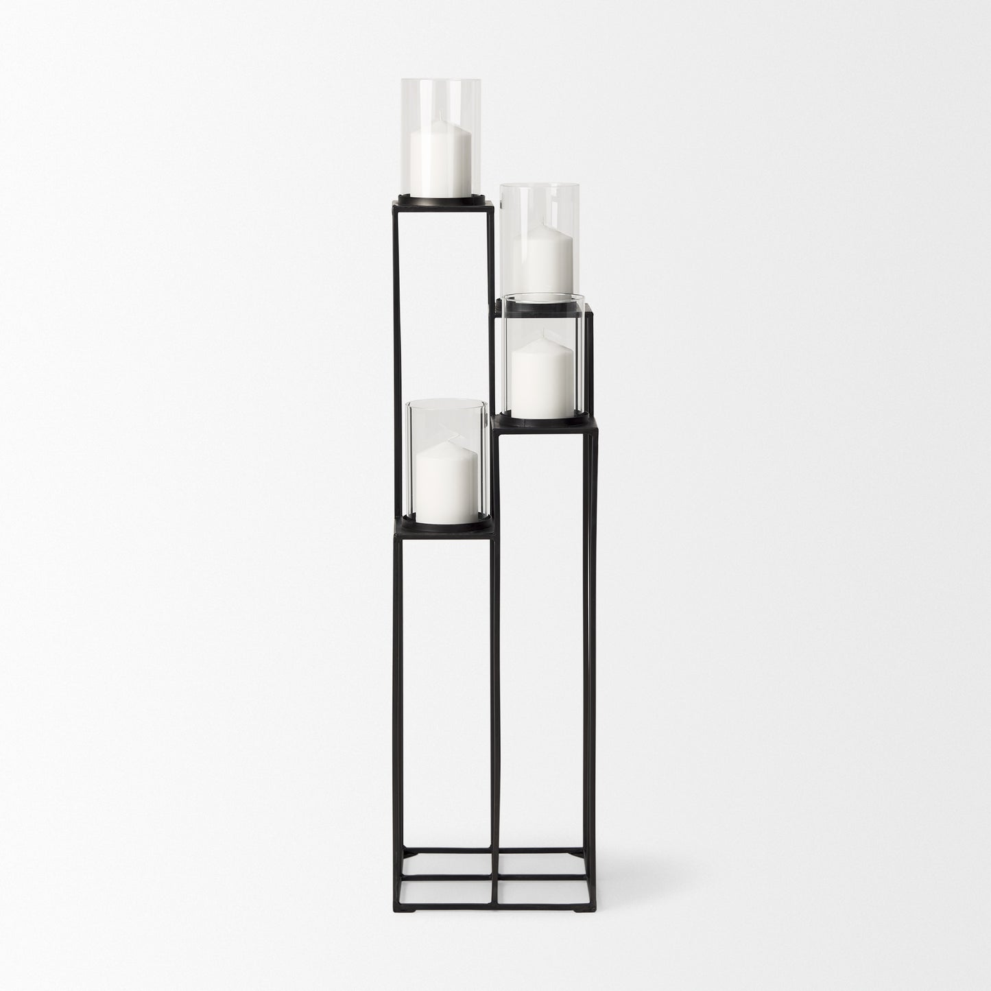 Cindy 4-Tier, Matte Black Metal w/ Hurricane Glass, Pillar Candle Floor Lantern