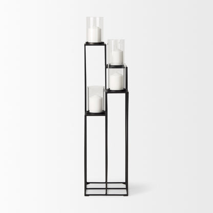 Cindy 4-Tier, Matte Black Metal w/ Hurricane Glass, Pillar Candle Floor Lantern