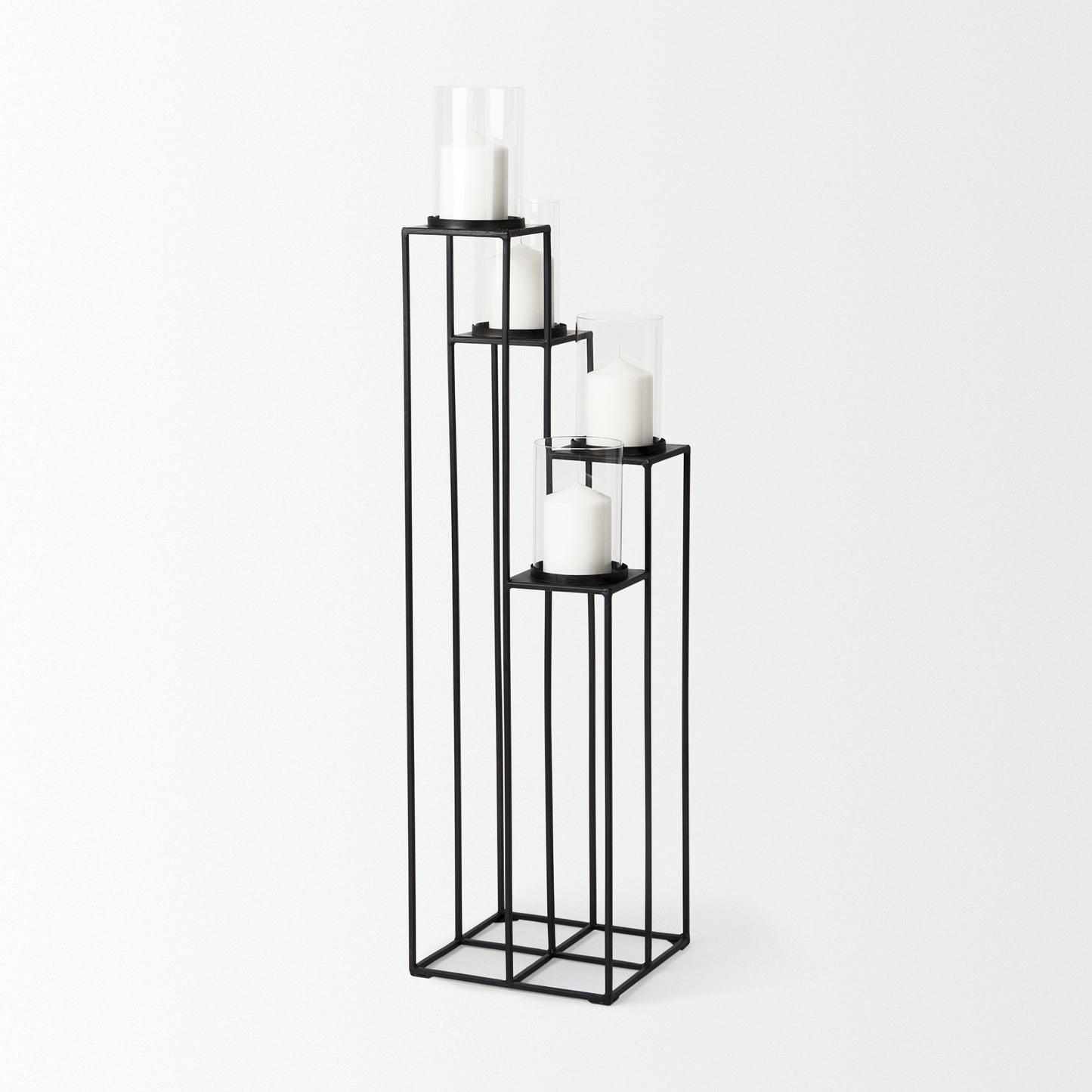 Cindy 4-Tier, Matte Black Metal w/ Hurricane Glass, Pillar Candle Floor Lantern