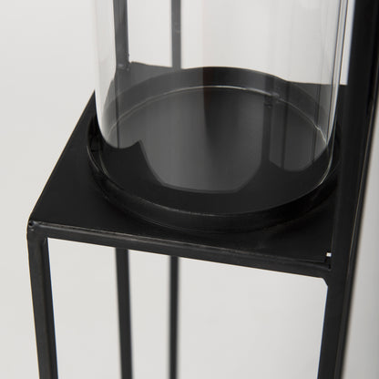 Cindy 4-Tier, Matte Black Metal w/ Hurricane Glass, Pillar Candle Floor Lantern
