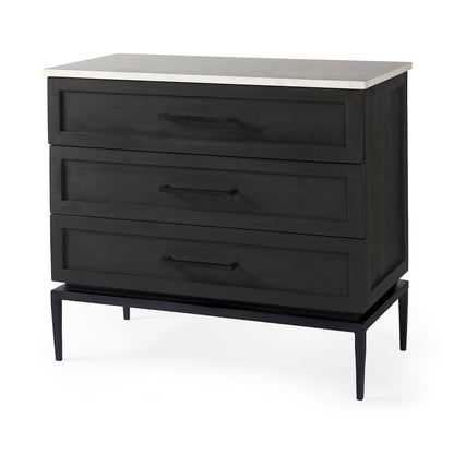 Divina Black-Brown Wood w/ White Marble Top and Black Metal Base Accent Cabinet