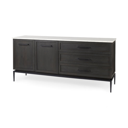 Divina Black-Brown Wood w/ White Marble Top and Black Metal Base Sideboard