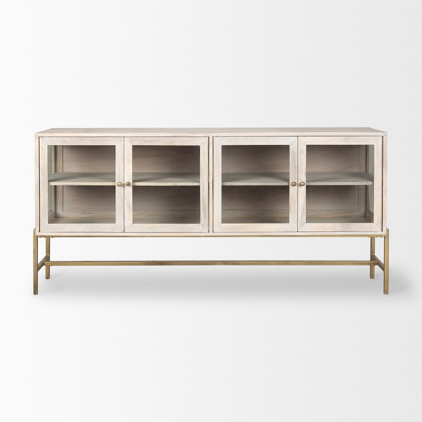 Arelius 70L x 18.75W x 32H White Wood W/ Gold Metal Base 4 Door Glass Cabinet Sideboard