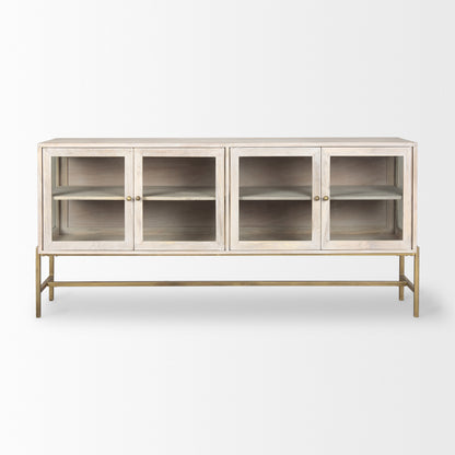 Arelius 70L x 18.75W x 32H White Wood W/ Gold Metal Base 4 Door Glass Cabinet Sideboard