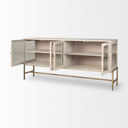 Arelius 70L x 18.75W x 32H White Wood W/ Gold Metal Base 4 Door Glass Cabinet Sideboard