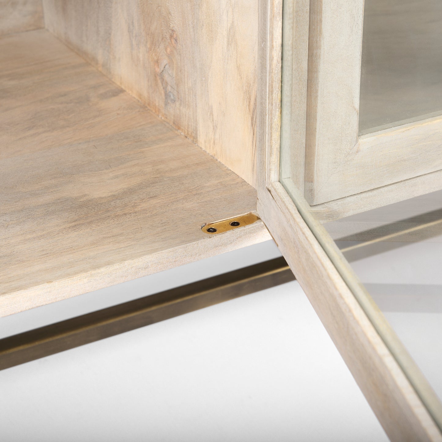 Arelius 70L x 18.75W x 32H White Wood W/ Gold Metal Base 4 Door Glass Cabinet Sideboard