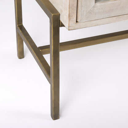 Arelius 70L x 18.75W x 32H White Wood W/ Gold Metal Base 4 Door Glass Cabinet Sideboard