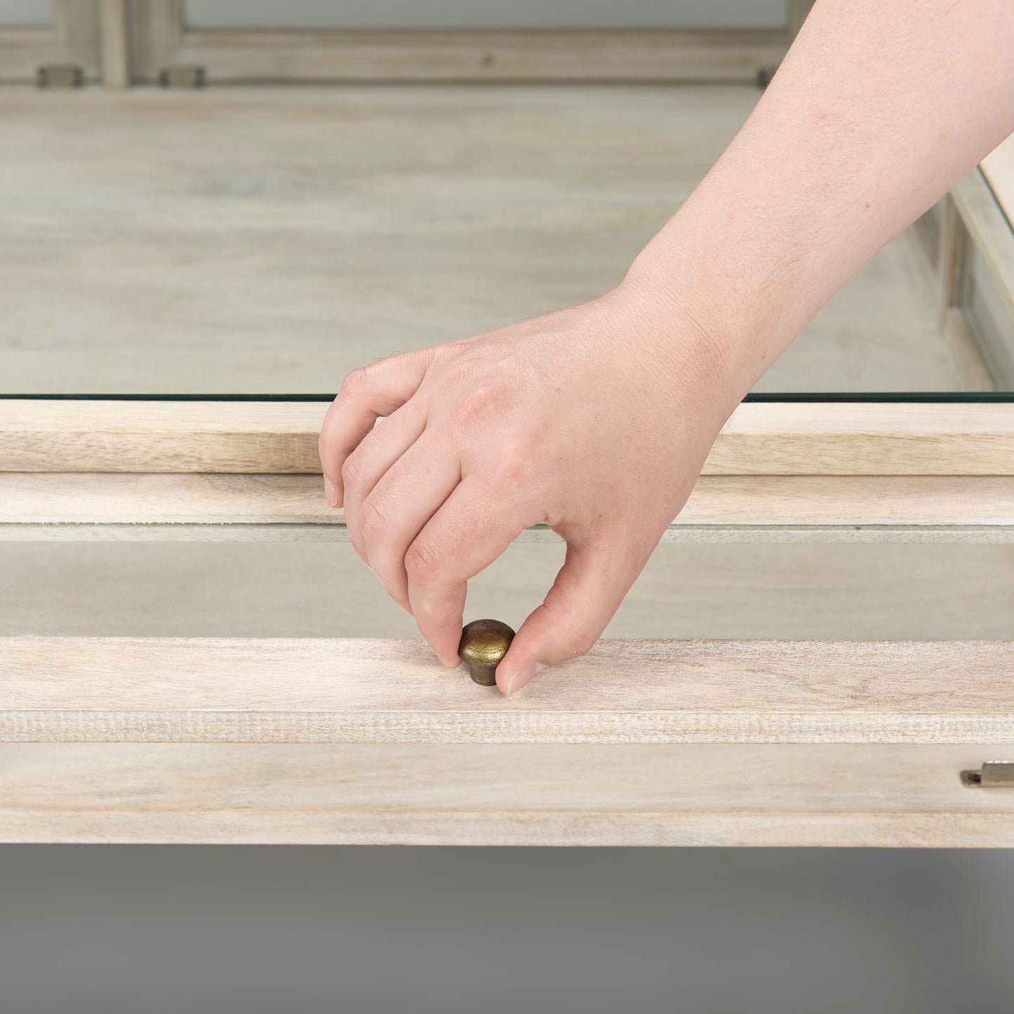 Arelius 42" Square Glass-Top White Wood w/ Gold Metal Base Display Coffee Table