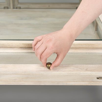 Arelius 42" Square Glass-Top White Wood w/ Gold Metal Base Display Coffee Table