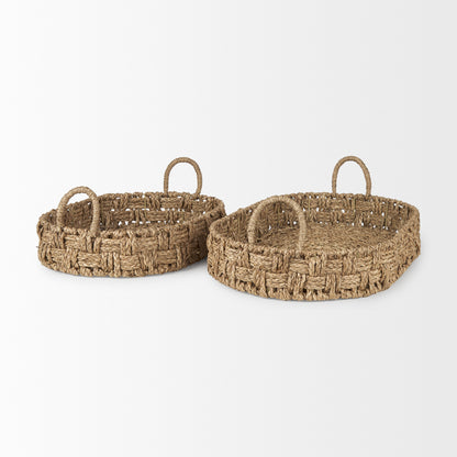 Haini Set of 2 Large Basketweave Seagrass Trays w/ Loop Handles