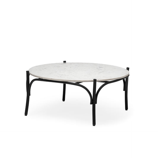 Etienne 36" Round White Marble Top Black Metal Base Coffee Table