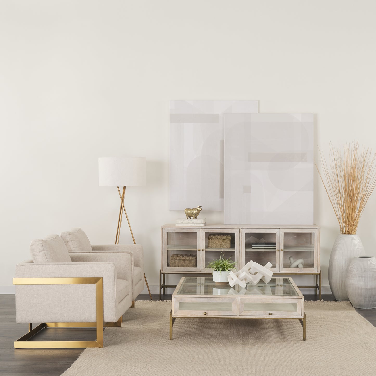 Arelius 70L x 18.75W x 32H White Wood W/ Gold Metal Base 4 Door Glass Cabinet Sideboard