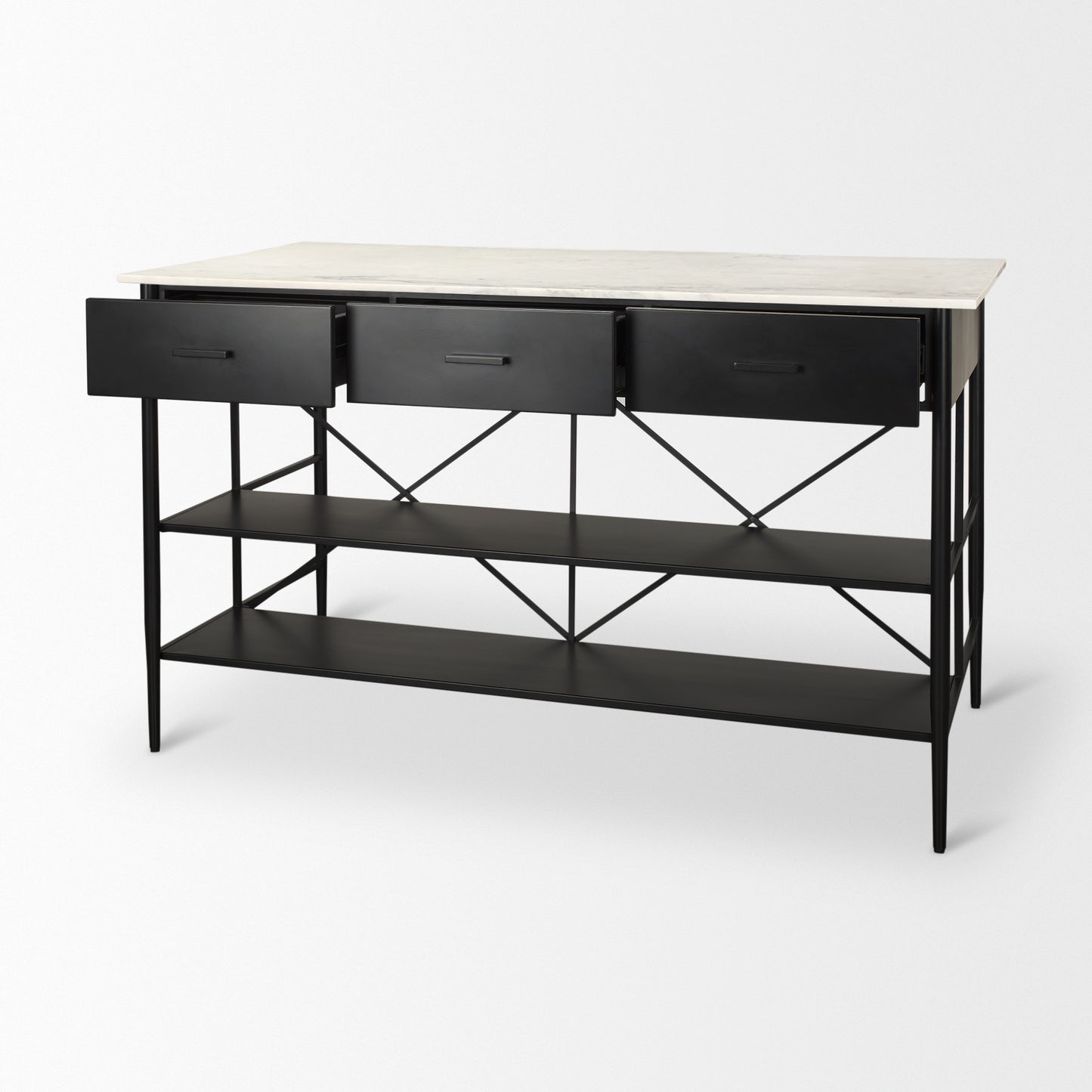 Amika White Marble Top Black Metal Base Kitchen Island