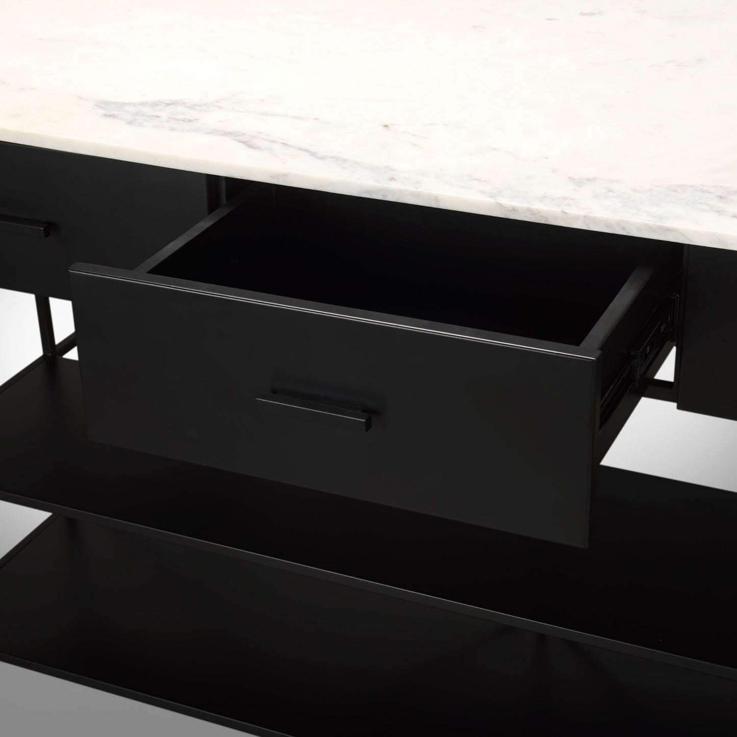 Amika White Marble Top Black Metal Base Kitchen Island