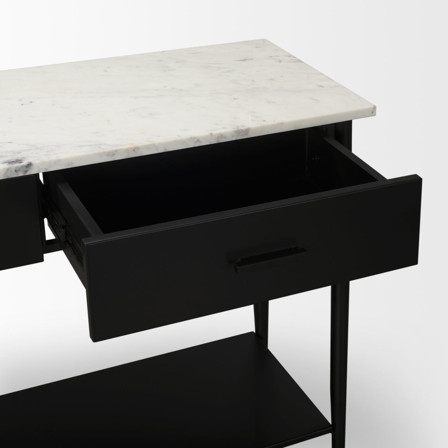 Amika White Marble Top Black Metal Base Console Table