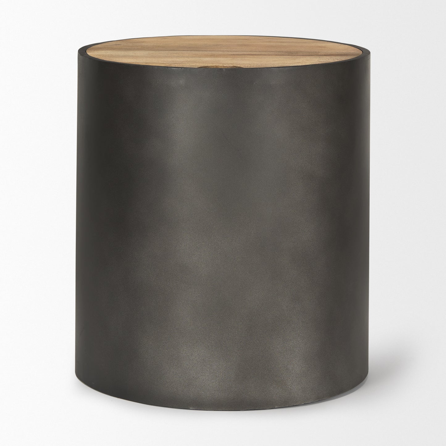 Eclipse Gunmetal Gray Drum Base w/ Brown Wood Top End/Side Table