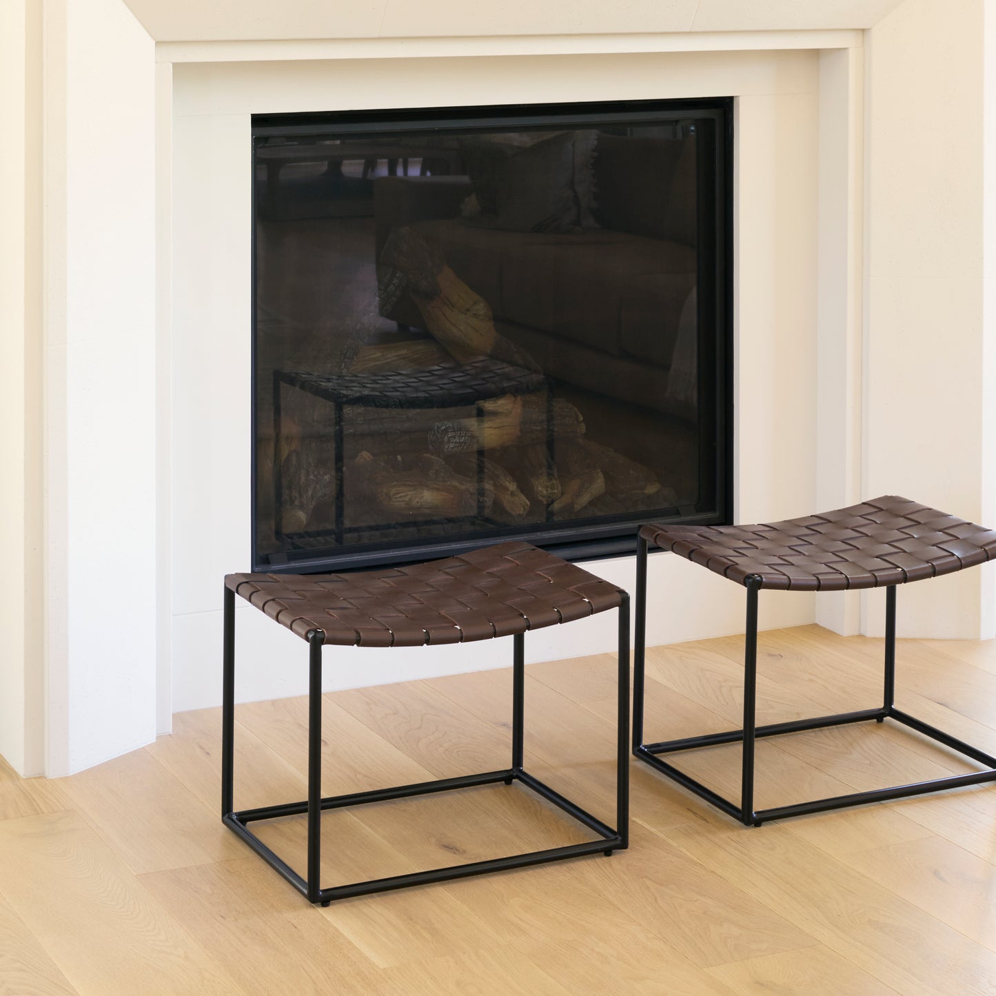 Clarissa 22.0L x 16.0W x 16.5H Brown Leather Woven Seat W/ Black Metal Frame Stool