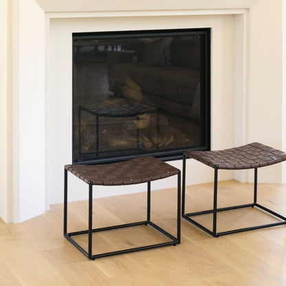 Clarissa 22.0L x 16.0W x 16.5H Brown Leather Woven Seat W/ Black Metal Frame Stool