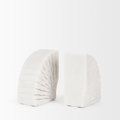 Stept White Marble Bookends w/rough carving (set of 2)