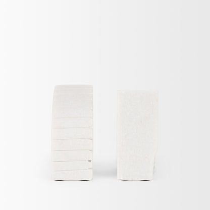 Stept White Marble Bookends w/rough carving (set of 2)