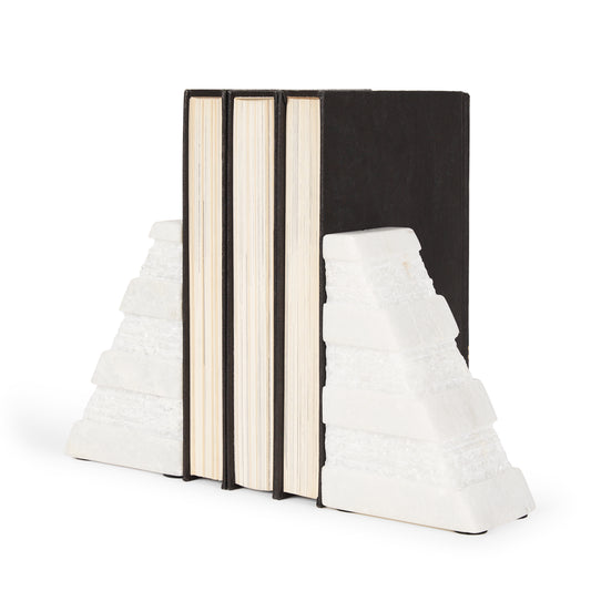 Cavetto White Marble Bookends w/rough carving S/2