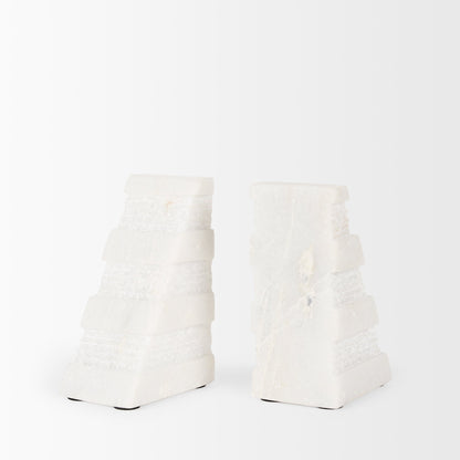 Cavetto White Marble Bookends w/rough carving S/2