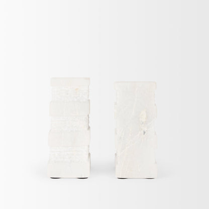 Cavetto White Marble Bookends w/rough carving S/2