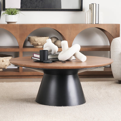 Mitchell 40.0L x 40.0W x 16.0H Black Metal Pedestal Base with Brown Wood Top Coffee Table