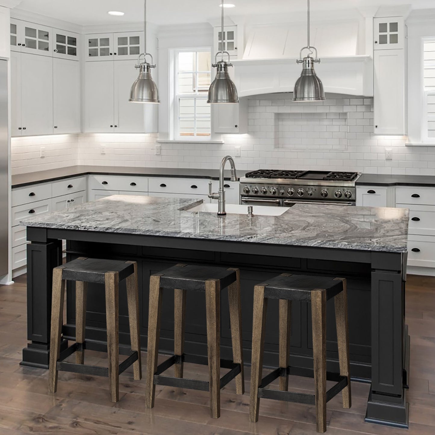 Nell 26" Seat Height Black Metal Seat & Foot Rest With Brown Wood Legs Stool