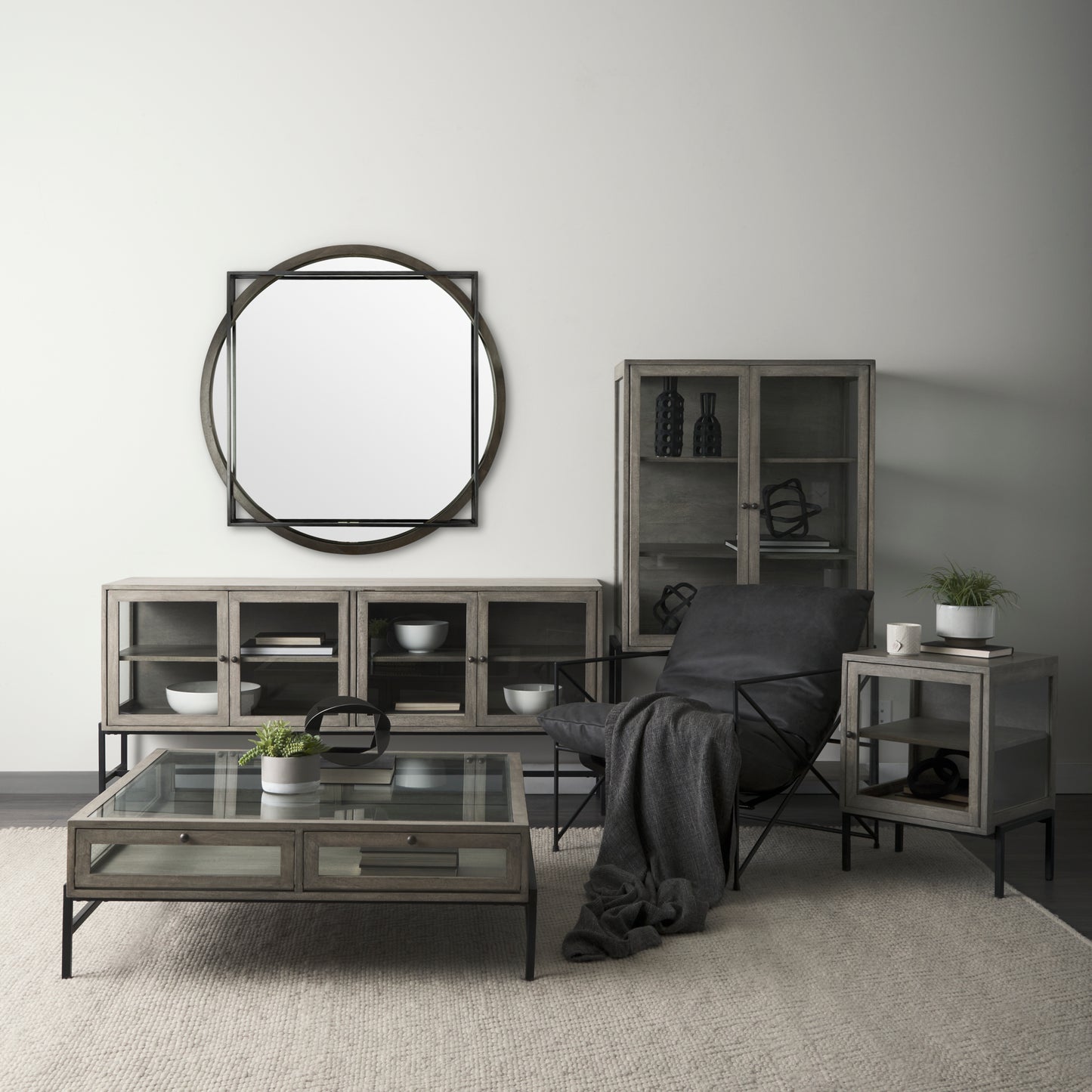 Norbert 46" Round-Square Black Wood/Metal Frame Mirror