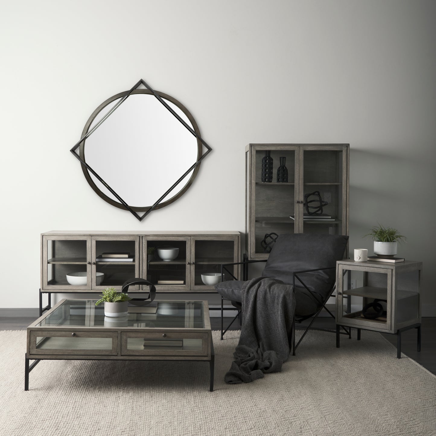 Norbert 46" Round-Square Black Wood/Metal Frame Mirror