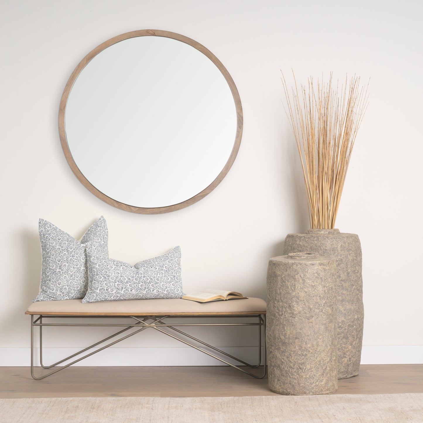 Jayne Cream w/ Indigo Print Linen Lumbar Decorative Pillow Cover