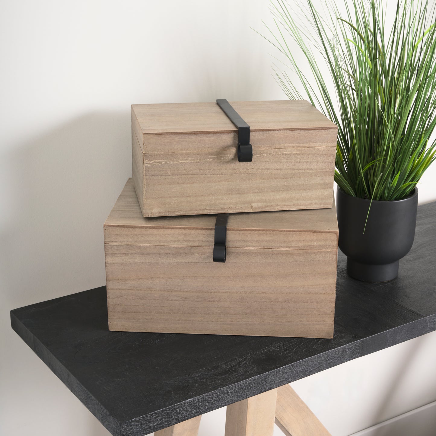 Josh 15.9L x 11.6W x 8.3H Set Of Two Light Brown Wood W/ Metal Detail Boxes