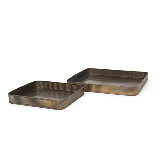 Varun Square Antiqued Brass Metal Tray (Set of 2)