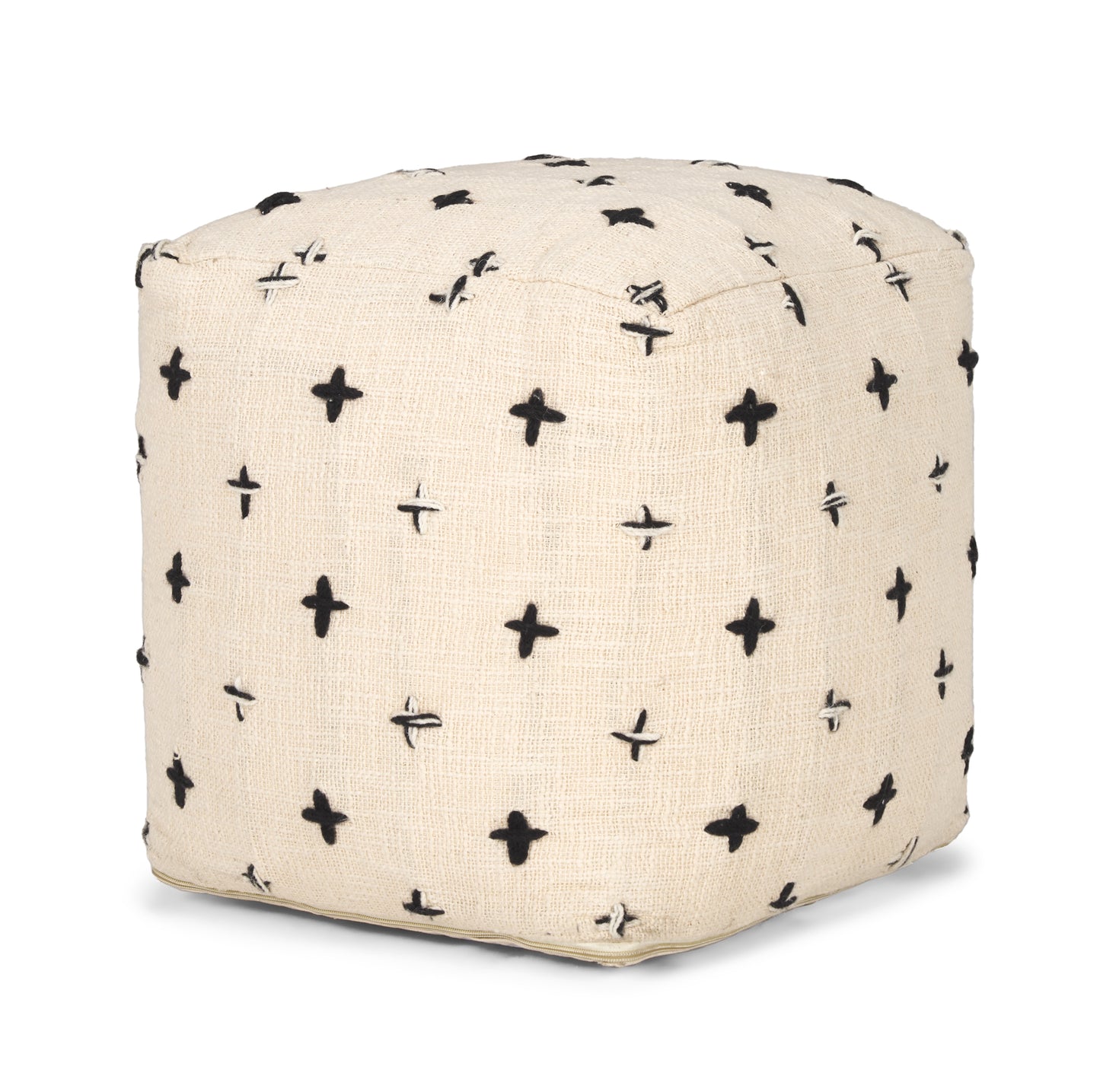 Saanvi Wool w/ Cream and Black Stitched Cross Patterned Pouf
