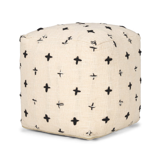 Saanvi Wool w/ Cream and Black Stitched Cross Patterned Pouf