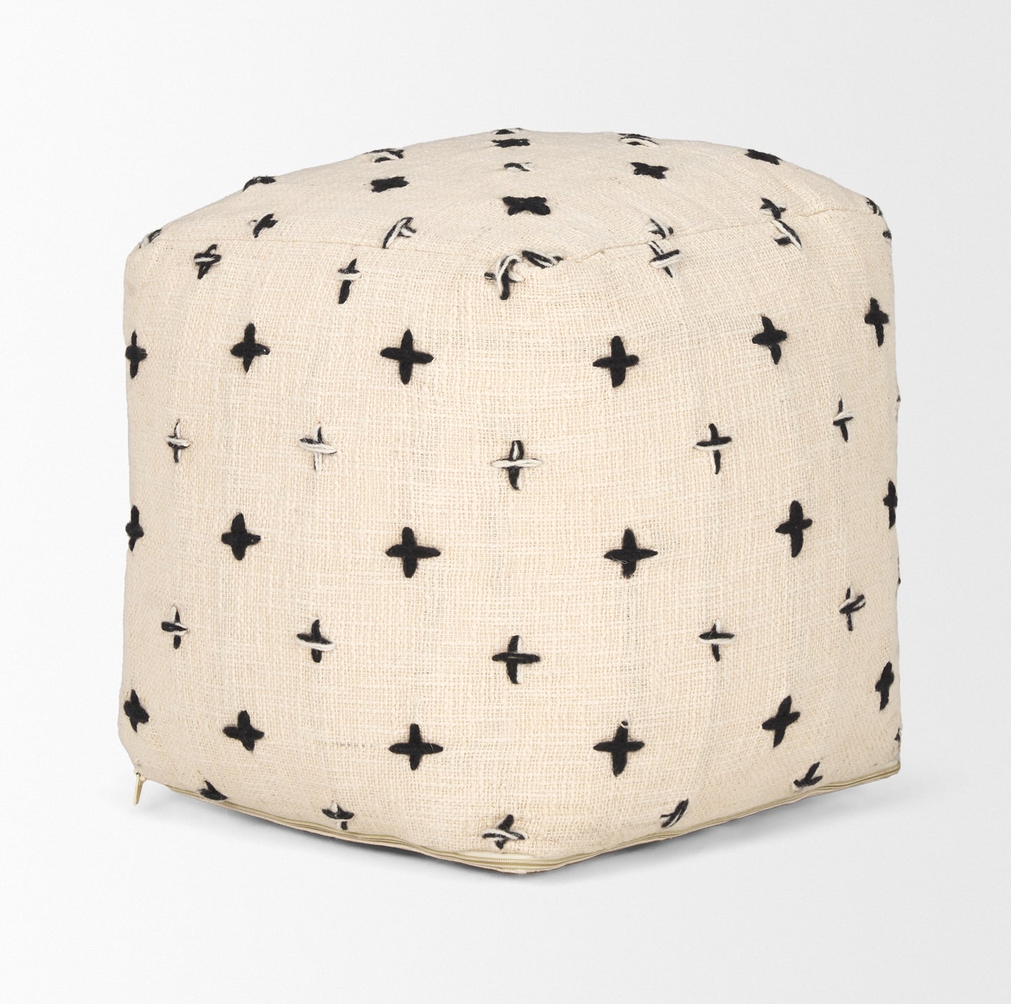 Saanvi Wool w/ Cream and Black Stitched Cross Patterned Pouf