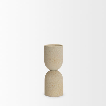 Qamra Short Beige Textured Metal Pillar Candle Holder
