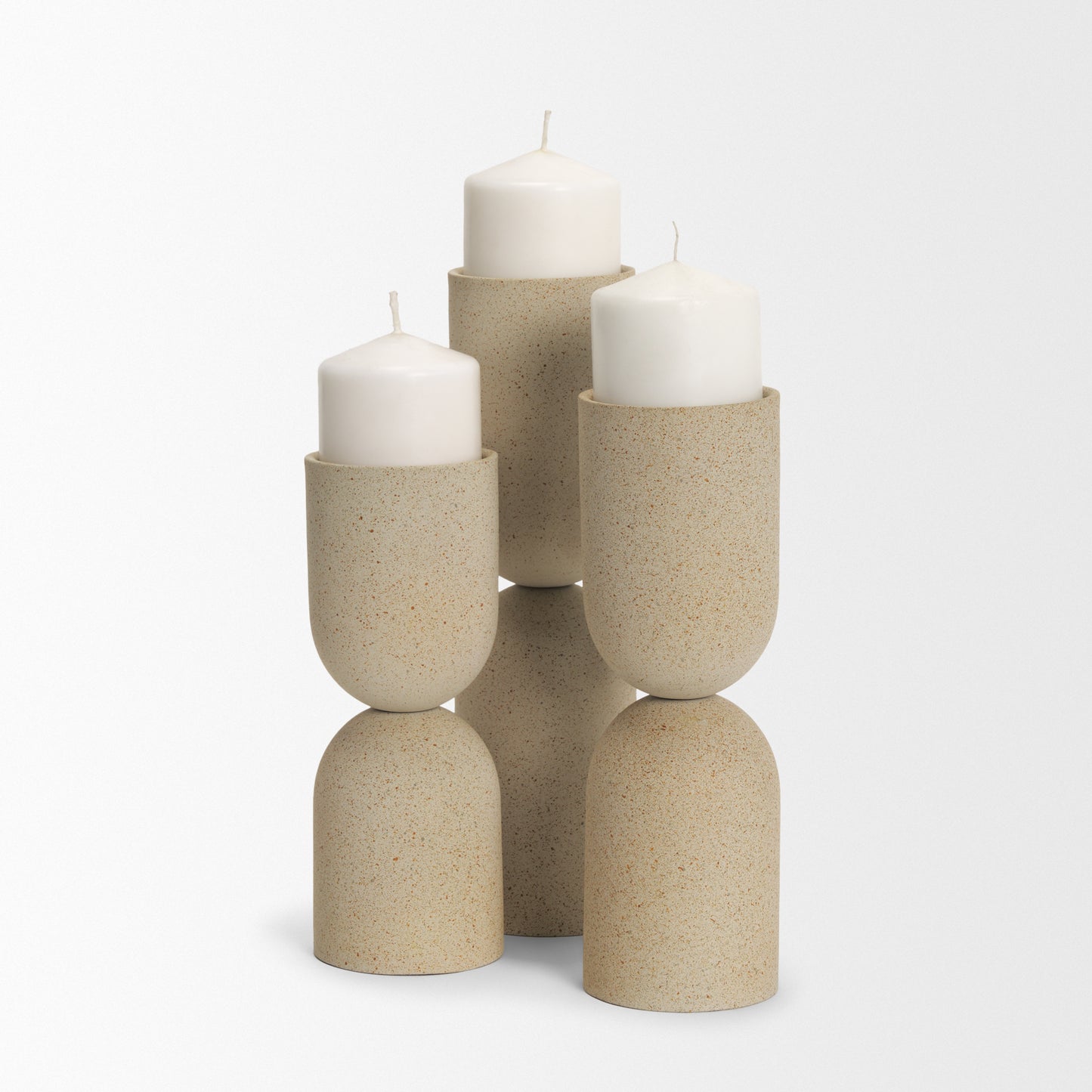 Qamra Short Beige Textured Metal Pillar Candle Holder