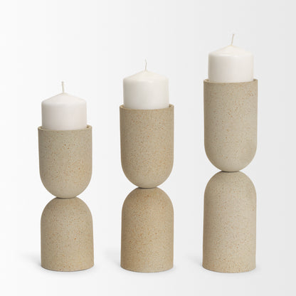 Qamra Short Beige Textured Metal Pillar Candle Holder