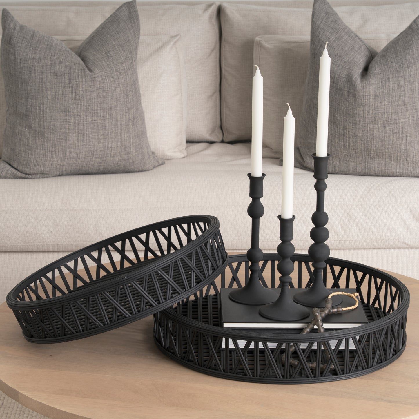 Thea Matte Black Wicker Trays (Set of 2)