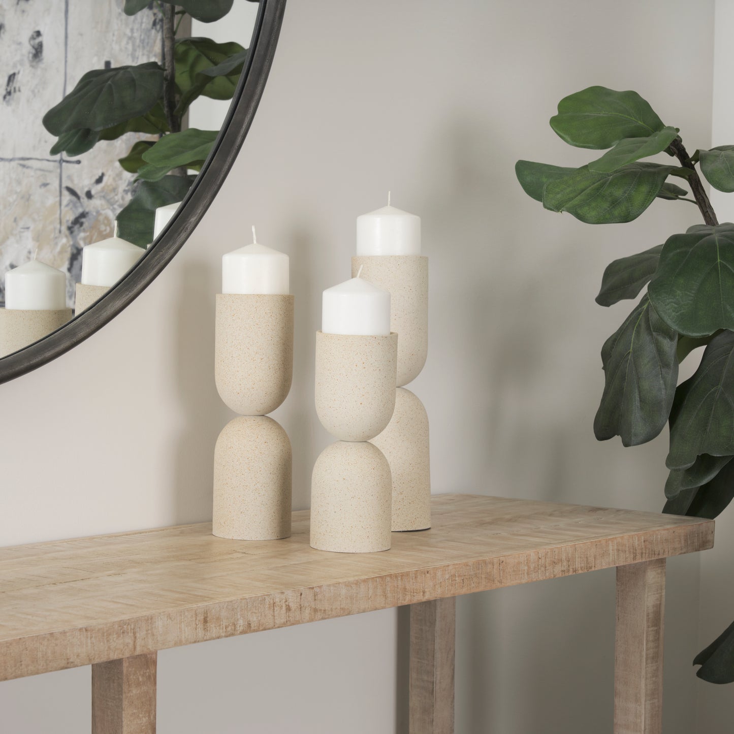 Qamra Medium Beige Textured Metal Pillar Candle Holder Candle Holder