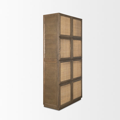 Sina Brown Oak Wood w/ Natural Rattan 2 Door Curio Cabinet