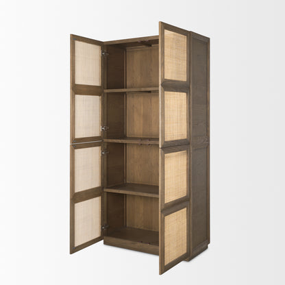 Sina Brown Oak Wood w/ Natural Rattan 2 Door Curio Cabinet