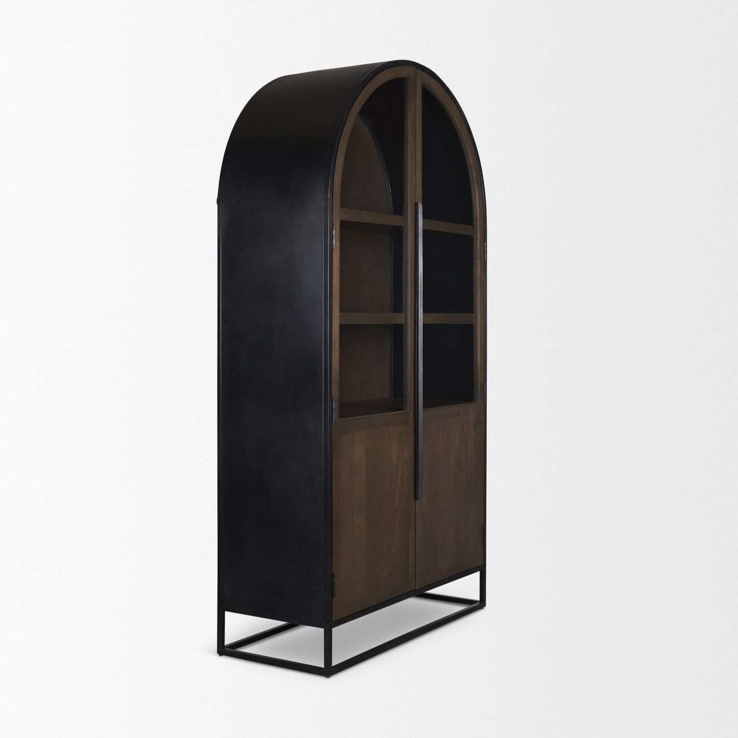 Sloan 80.5H Dark Brown Wood W/Black Metal Arched Curio Cabinet